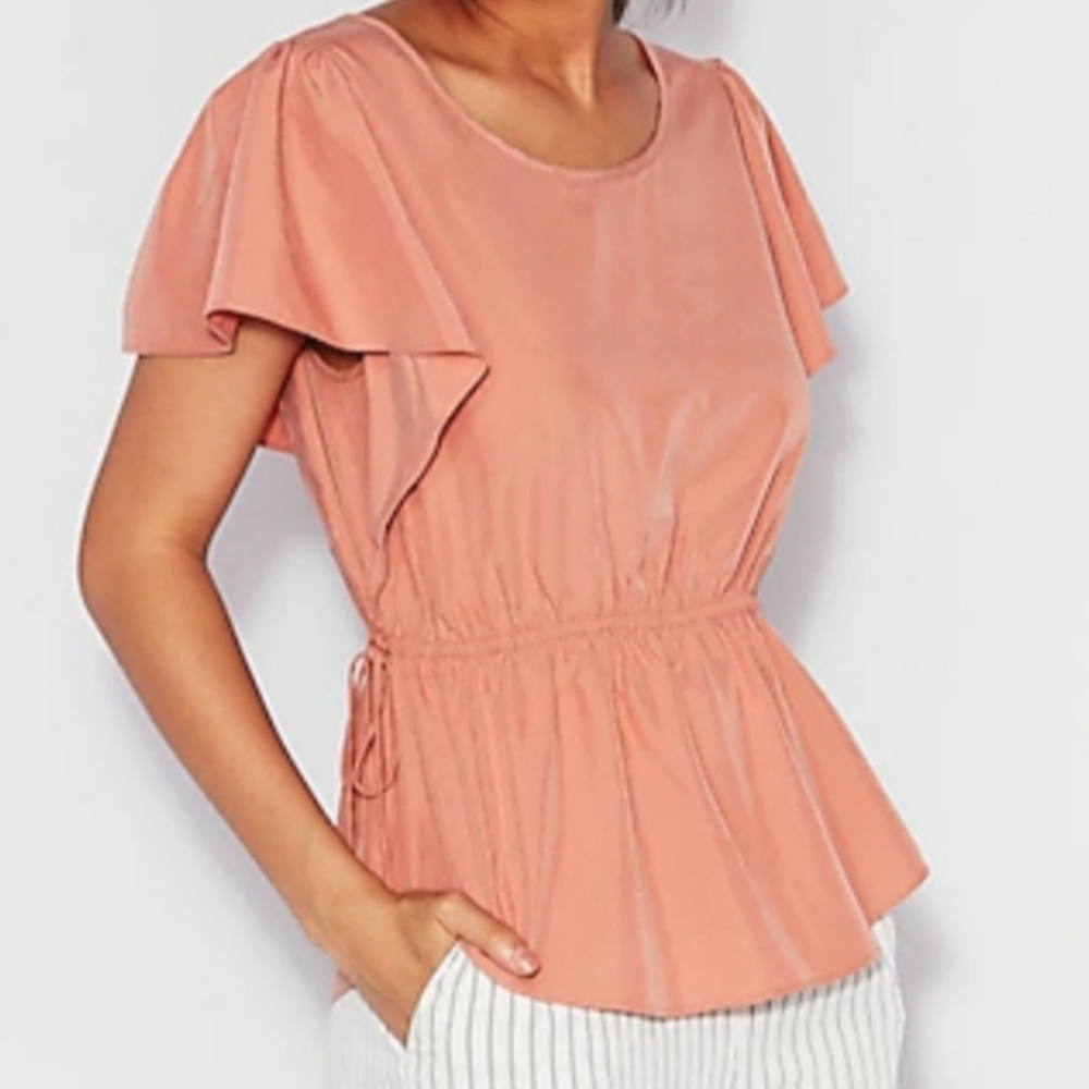 Express Pink Blouse Fluttery Top Flowy Cinch Waist